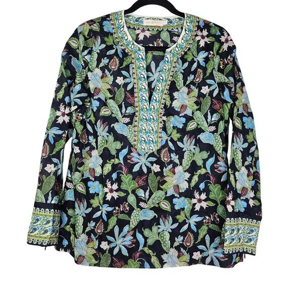 Tory Burch 8 Floral Embellished Tunic Beaded Coastal Blue Boho Classic Paisley - Picture 2 of 4